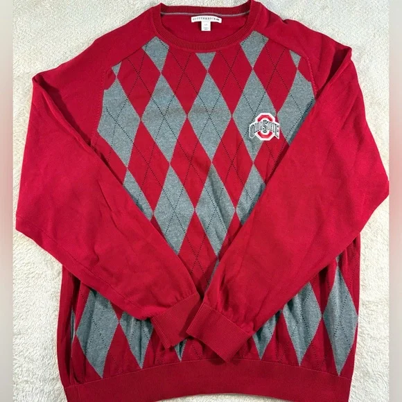 Vintage Cutter & Buck The Ohio State Red and Gray Argyle Crewneck Sweater - Picture 1 of 6